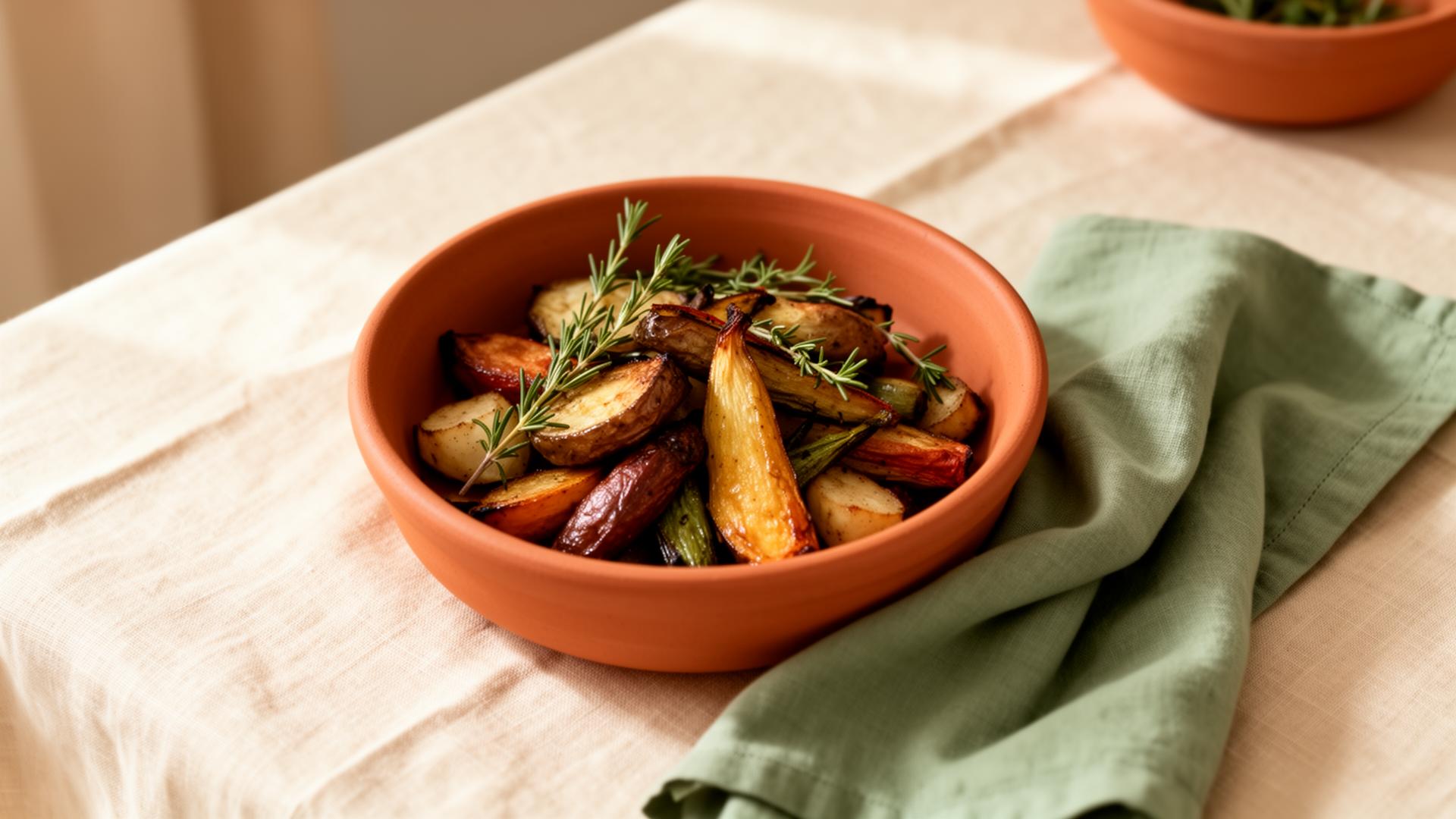 Warm home-cooked roasted vegetables in a terracotta bowl